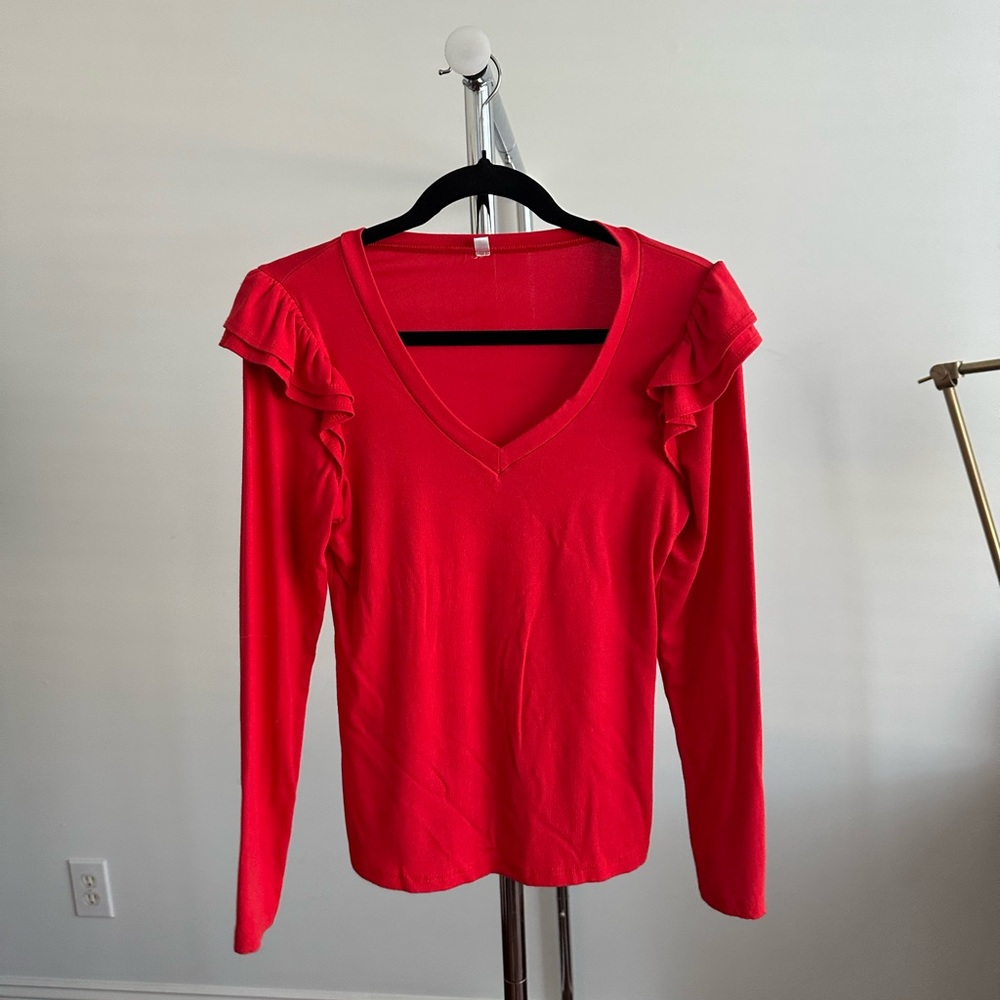 Women's Red Ruffle V-Neck Top size Small